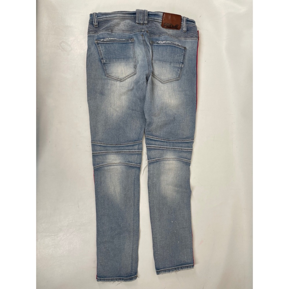 Preme Mens 34x32 Moto Biker Jeans Distressed Light Wash Side Stripe Slim Fit - Picture 4 of 10